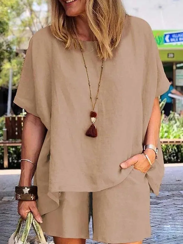 Women's Loungewear Sets Pure Color Fashion Comfort Soft Home Daily Vacation Cotton Breathable Crew Neck Short Sleeve Shorts Pocket Elastic Waist Summer Spring White Army Green