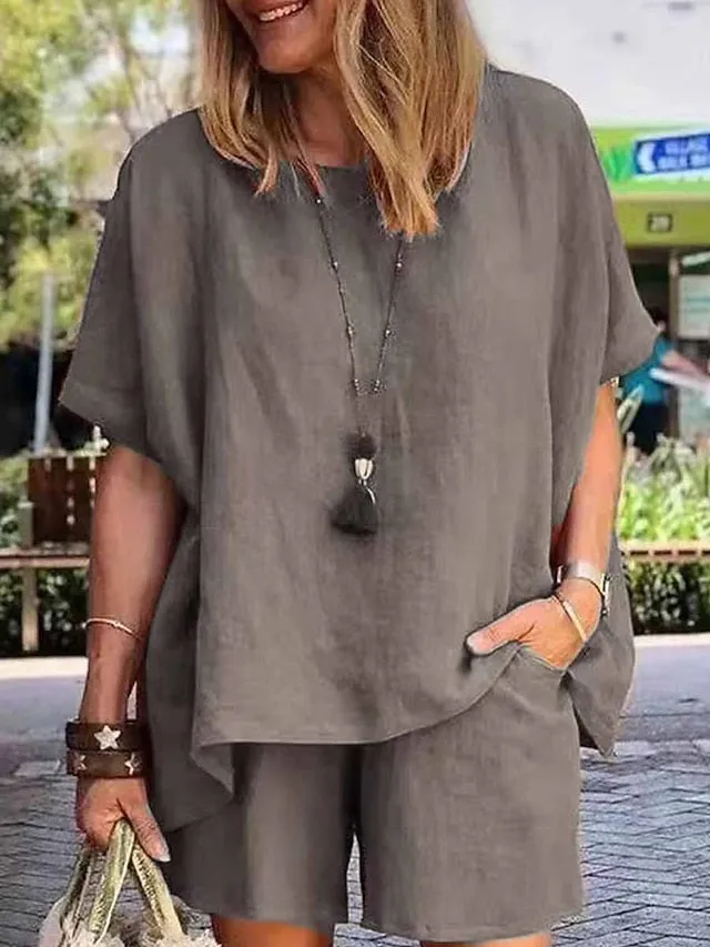 Women's Loungewear Sets Pure Color Fashion Comfort Soft Home Daily Vacation Cotton Breathable Crew Neck Short Sleeve Shorts Pocket Elastic Waist Summer Spring White Army Green