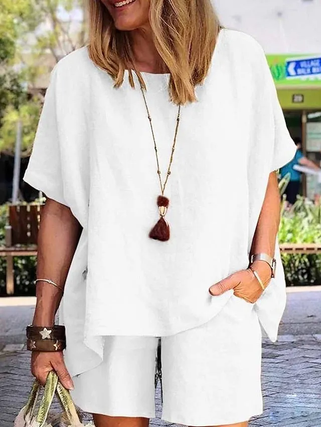 Women's Loungewear Sets Pure Color Fashion Comfort Soft Home Daily Vacation Cotton Breathable Crew Neck Short Sleeve Shorts Pocket Elastic Waist Summer Spring White Army Green