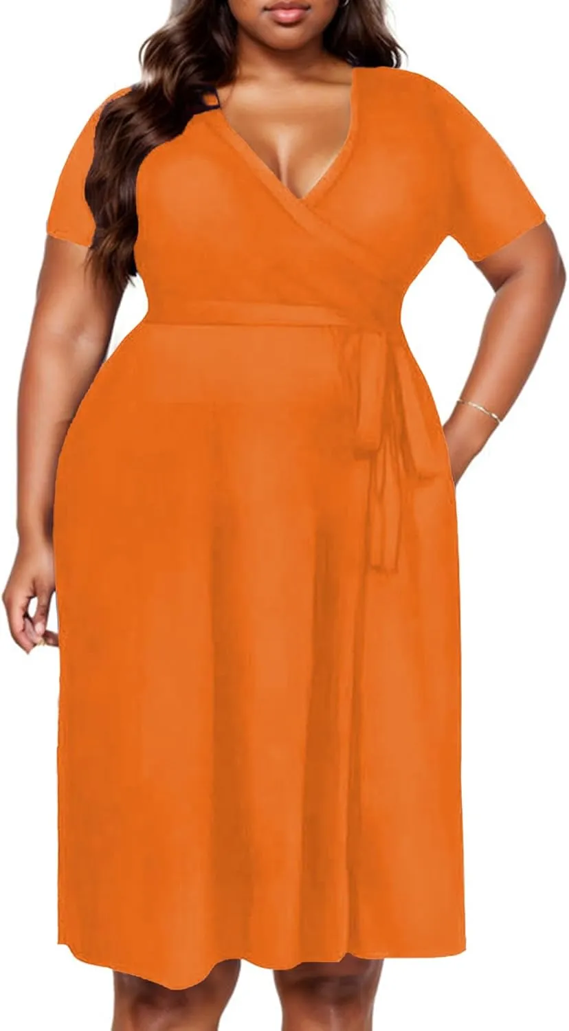 Women's Plus Size Casual Pleated Dress Summer Short Sleeve Flowy Swing Dress Loose Beach Dresses
