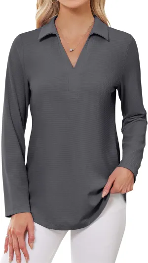 Women's Polo Shirts Collared V Neck Work Tops Long Sleeve Business Casual Dressy Blouses Textured Ribbed Tunic