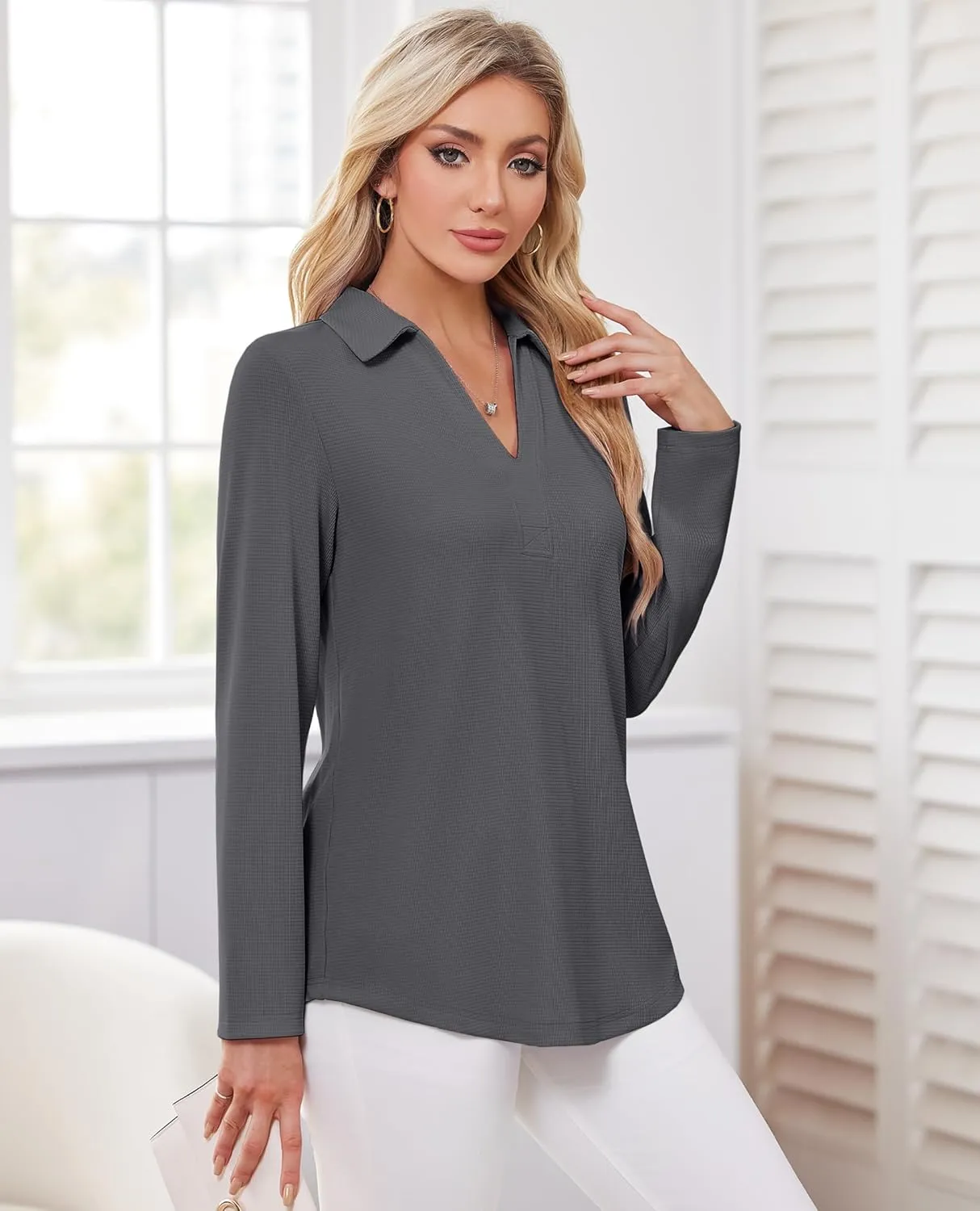 Women's Polo Shirts Collared V Neck Work Tops Long Sleeve Business Casual Dressy Blouses Textured Ribbed Tunic