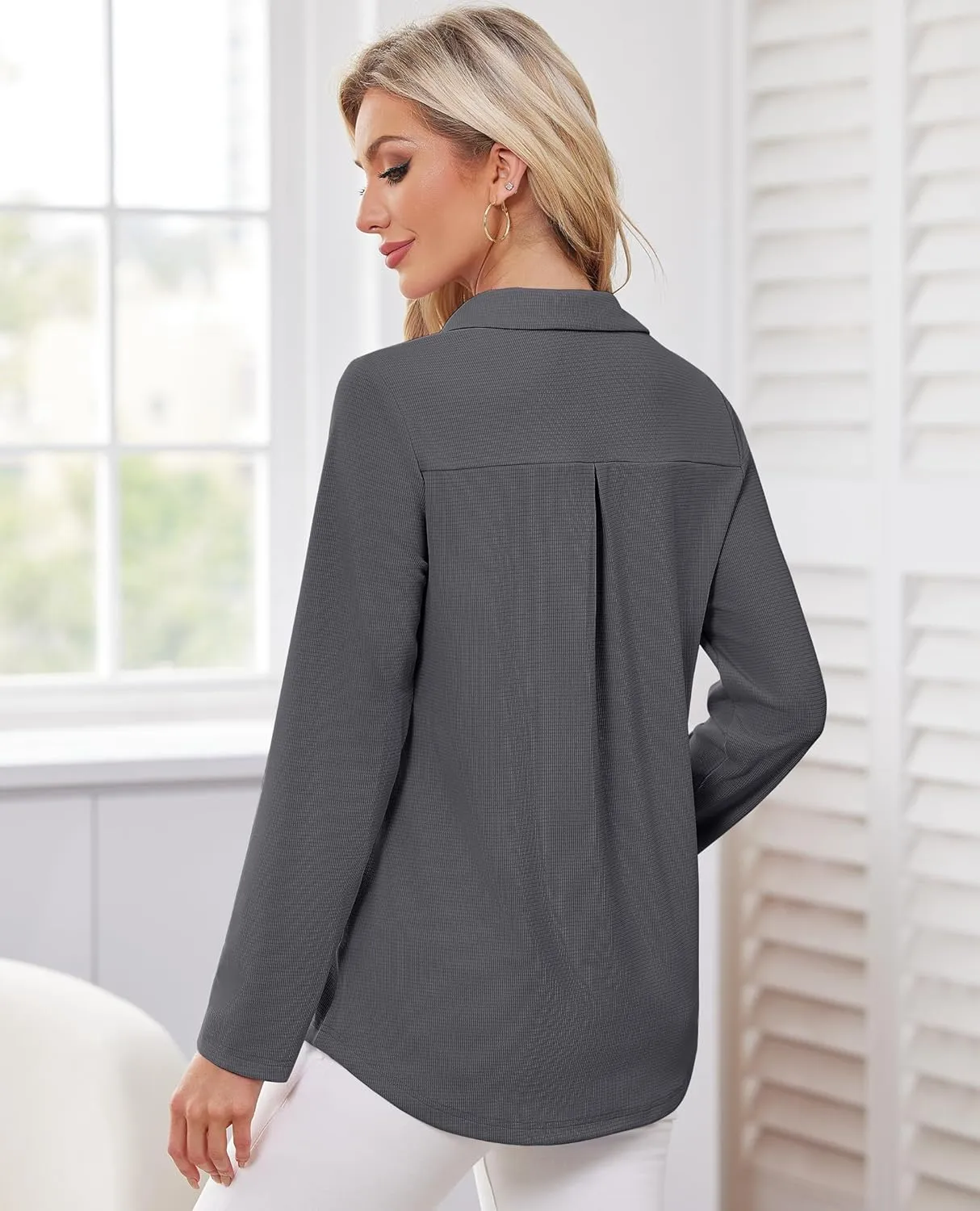 Women's Polo Shirts Collared V Neck Work Tops Long Sleeve Business Casual Dressy Blouses Textured Ribbed Tunic