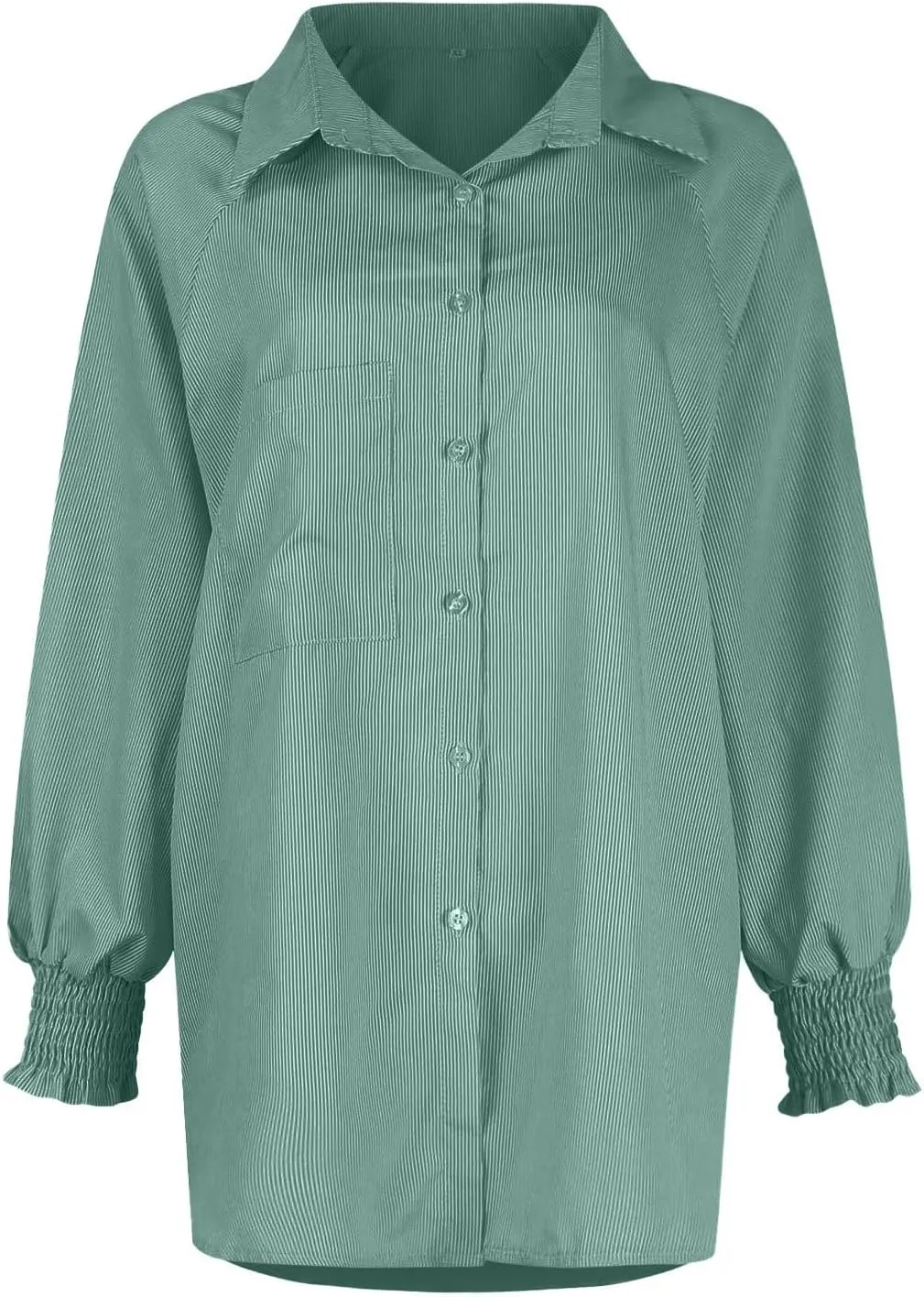 Womens Smocked Cuffed Striped Boyfriend Shirt Casual Collar Puff Sleeve Oversized Button Down Blouse Tops with Pocket Shirred