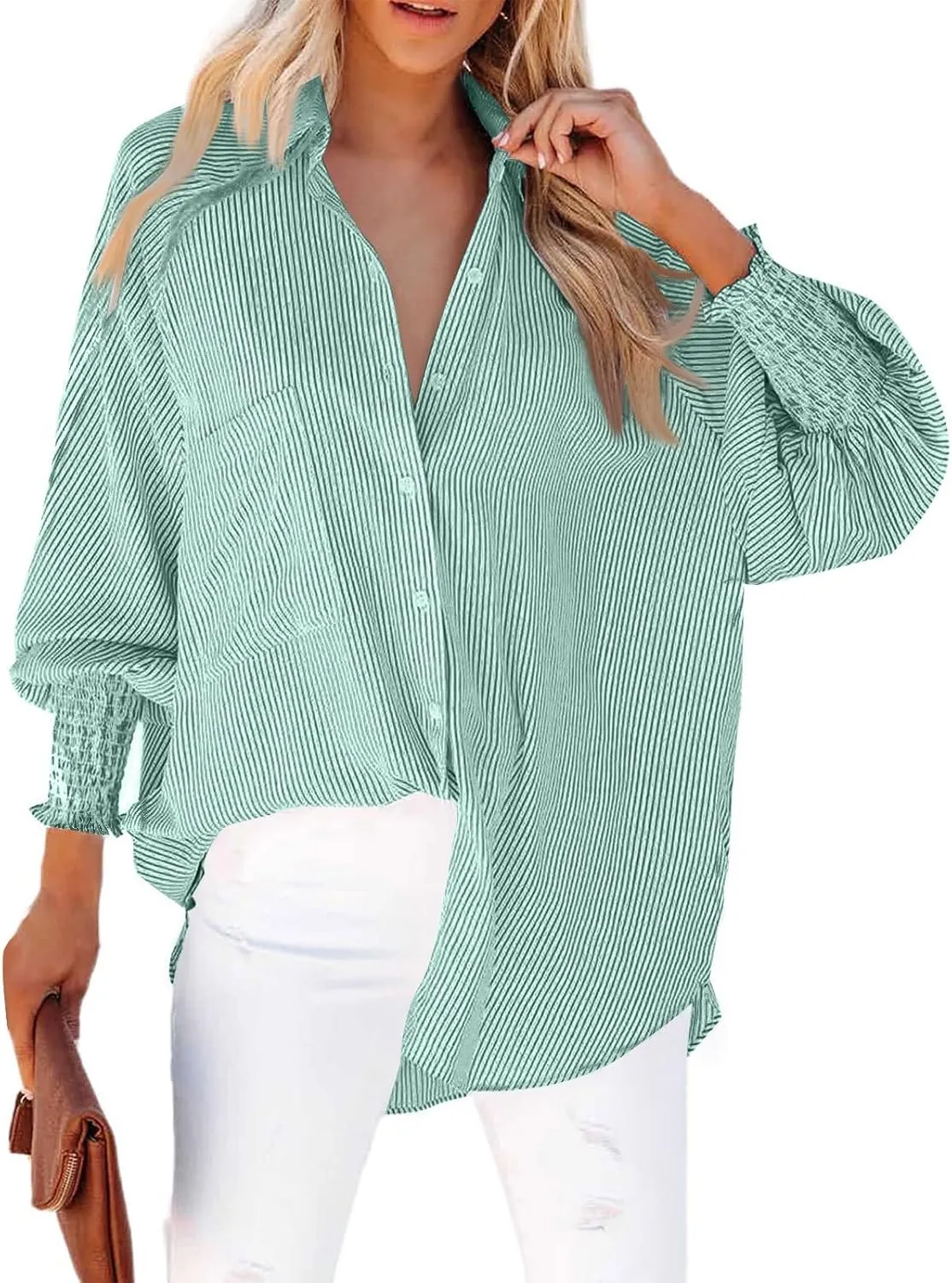 Womens Smocked Cuffed Striped Boyfriend Shirt Casual Collar Puff Sleeve Oversized Button Down Blouse Tops with Pocket Shirred