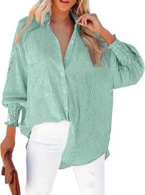 Womens Smocked Cuffed Striped Boyfriend Shirt Casual Collar Puff Sleeve Oversized Button Down Blouse Tops with Pocket Shirred