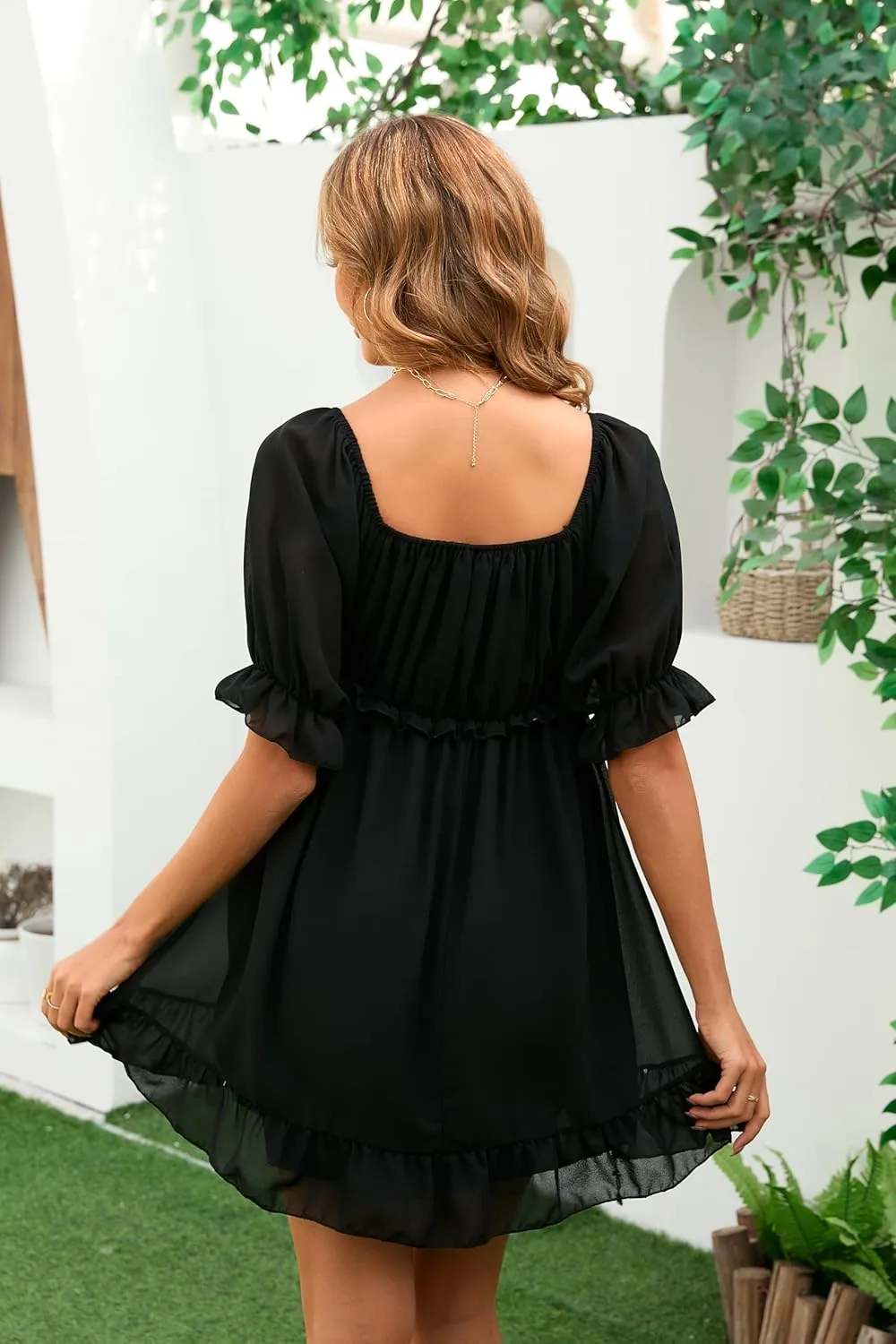 Women's Summer Dress Boho Short Sleeve Mini Dresses Square Neck Ruffle Mini Beach Dresses