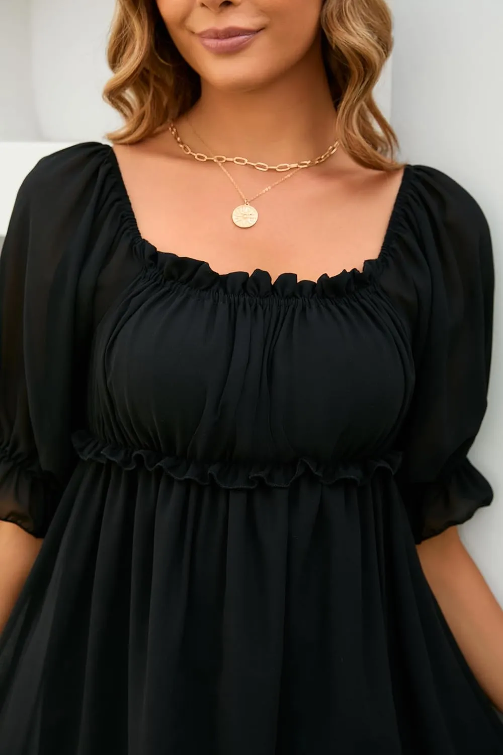 Women's Summer Dress Boho Short Sleeve Mini Dresses Square Neck Ruffle Mini Beach Dresses
