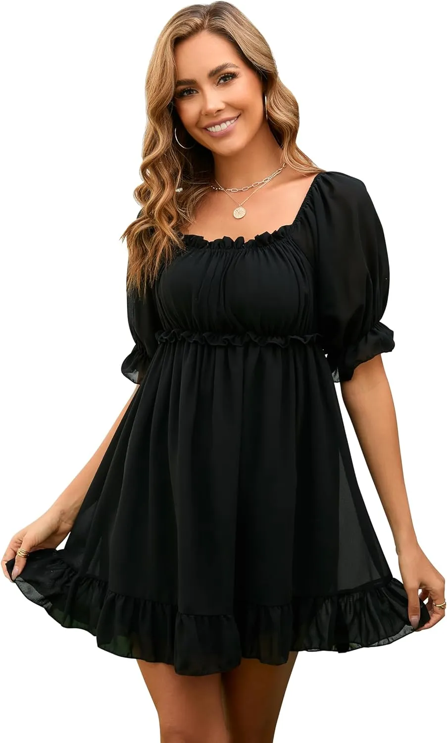Women's Summer Dress Boho Short Sleeve Mini Dresses Square Neck Ruffle Mini Beach Dresses
