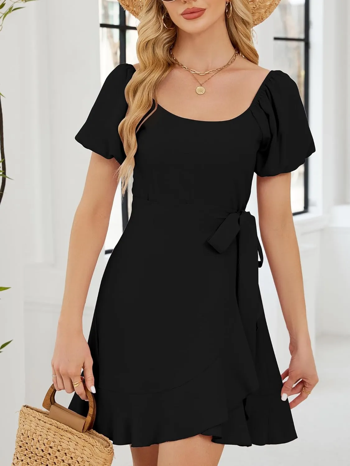 Women's Summer Dresses Puffed Sleeve Round Neck Short Waist Wedding Guest Dresses 2025