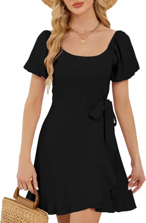 Women's Summer Dresses Puffed Sleeve Round Neck Short Waist Wedding Guest Dresses 2025