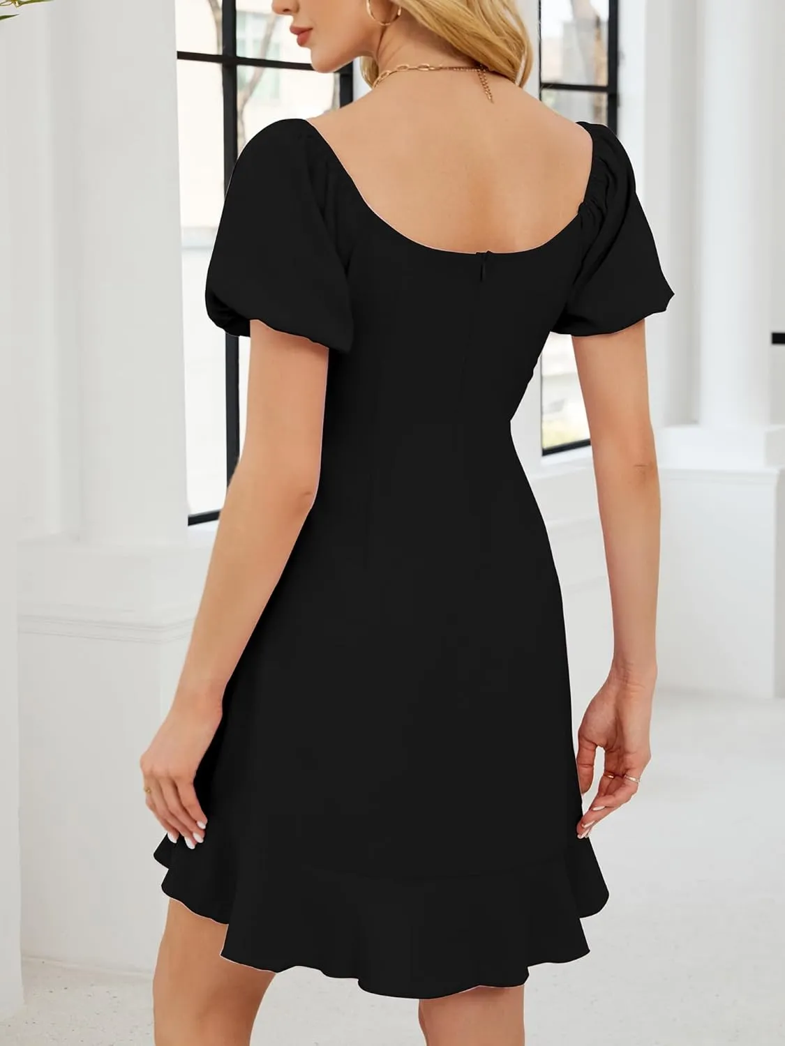 Women's Summer Dresses Puffed Sleeve Round Neck Short Waist Wedding Guest Dresses 2025