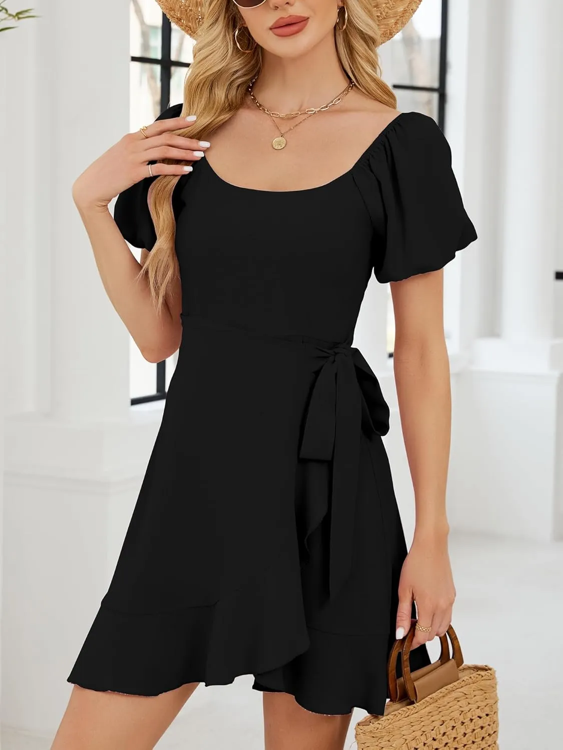 Women's Summer Dresses Puffed Sleeve Round Neck Short Waist Wedding Guest Dresses 2025