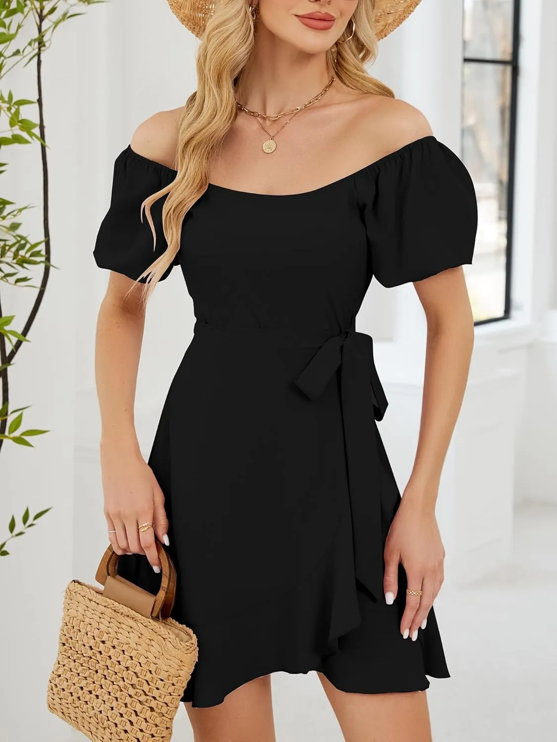 Women's Summer Dresses Puffed Sleeve Round Neck Short Waist Wedding Guest Dresses 2025
