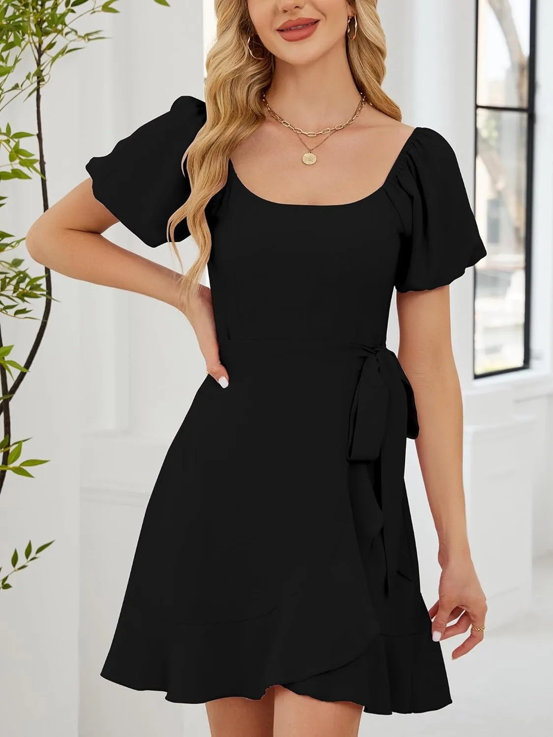 Women's Summer Dresses Puffed Sleeve Round Neck Short Waist Wedding Guest Dresses 2025