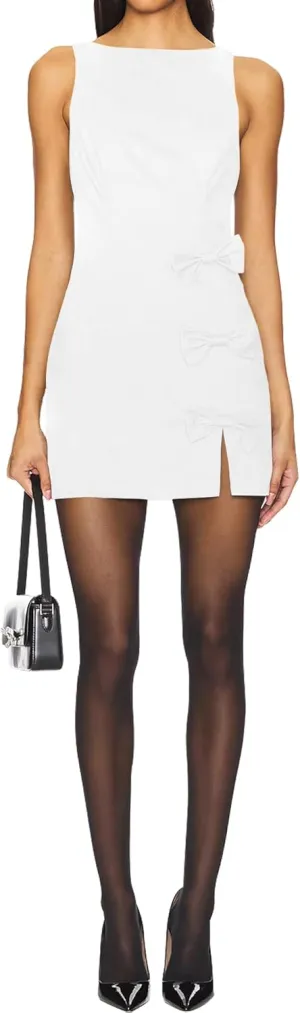 Women's Summer Sleeveless Boat Neck Mini Dress Front Bow Detailing with Side Slit Short Club Party Dress