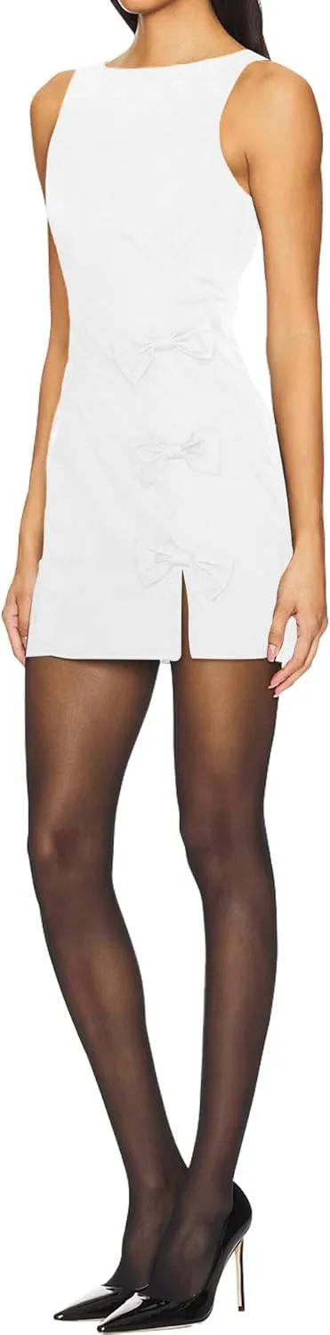 Women's Summer Sleeveless Boat Neck Mini Dress Front Bow Detailing with Side Slit Short Club Party Dress