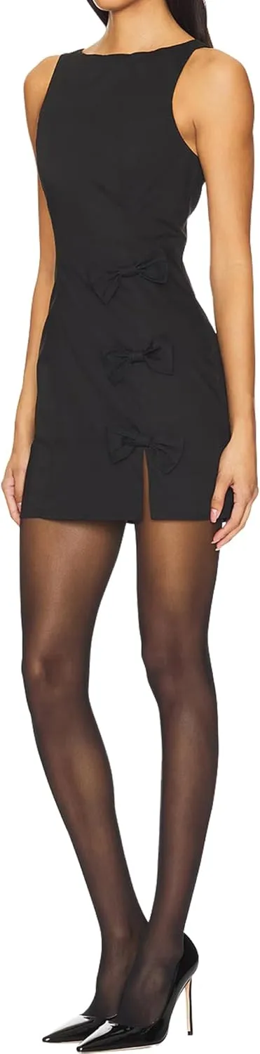 Women's Summer Sleeveless Boat Neck Mini Dress Front Bow Detailing with Side Slit Short Club Party Dress
