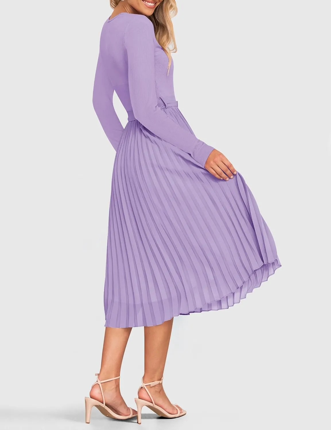 ZESICA Women's Fall Long Sleeve Midi Dress Casual Crewneck Knit Belted Pleated A Line Flowy Party Dresses