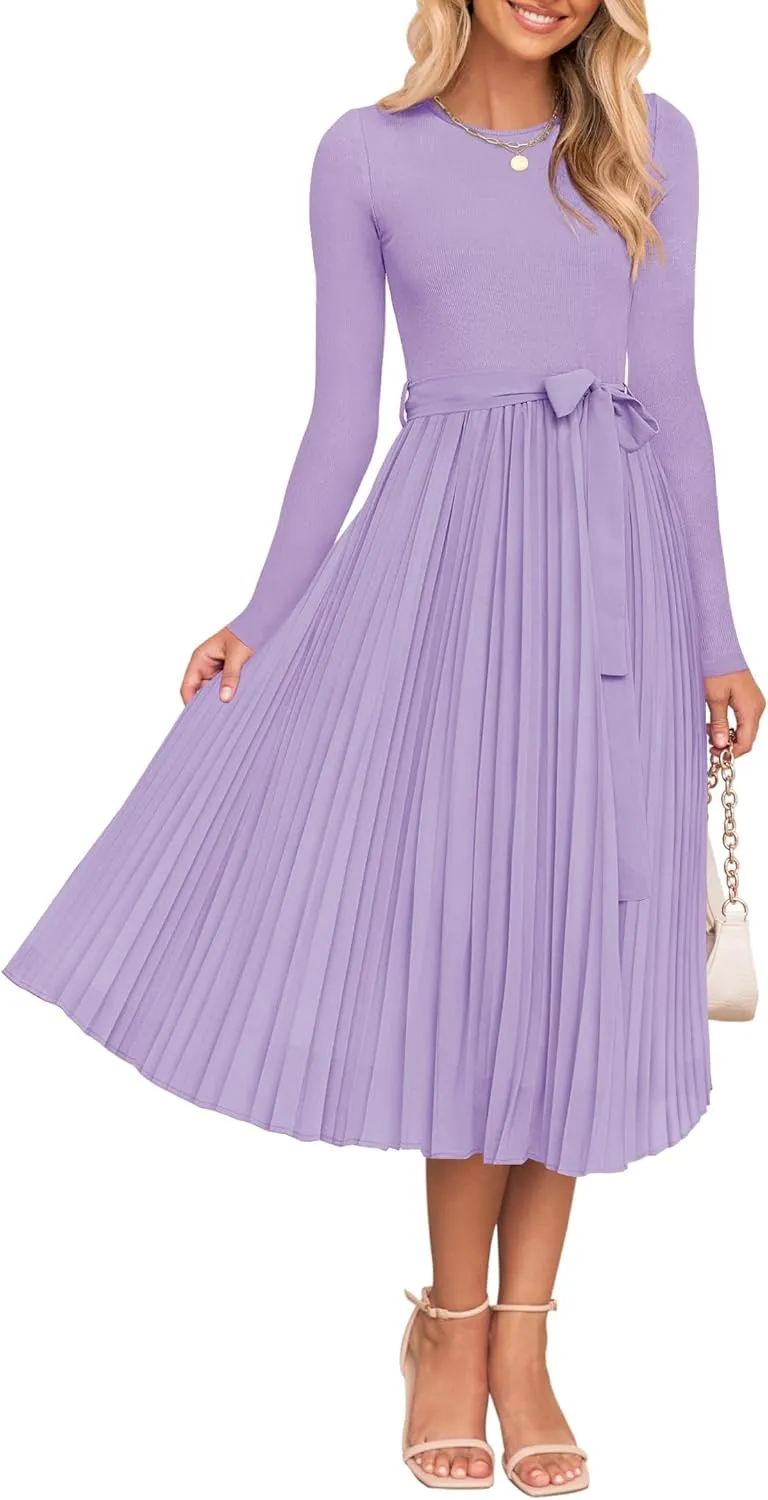 ZESICA Women's Fall Long Sleeve Midi Dress Casual Crewneck Knit Belted Pleated A Line Flowy Party Dresses