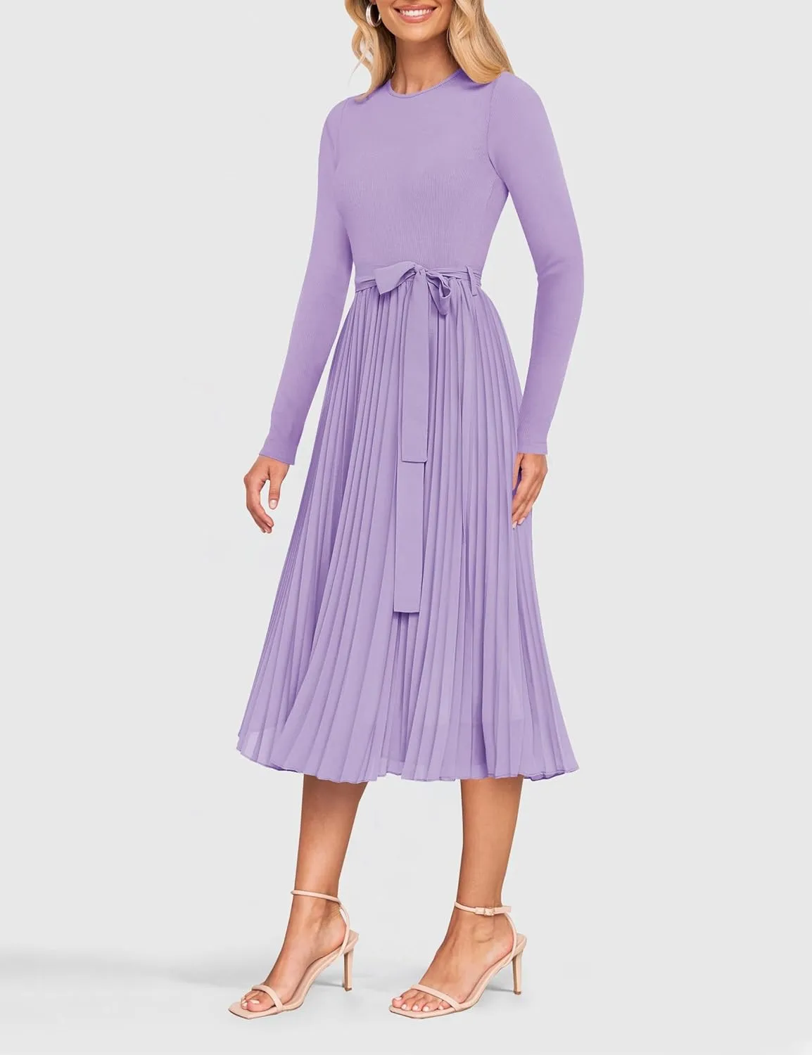 ZESICA Women's Fall Long Sleeve Midi Dress Casual Crewneck Knit Belted Pleated A Line Flowy Party Dresses
