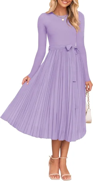 ZESICA Women's Fall Long Sleeve Midi Dress Casual Crewneck Knit Belted Pleated A Line Flowy Party Dresses