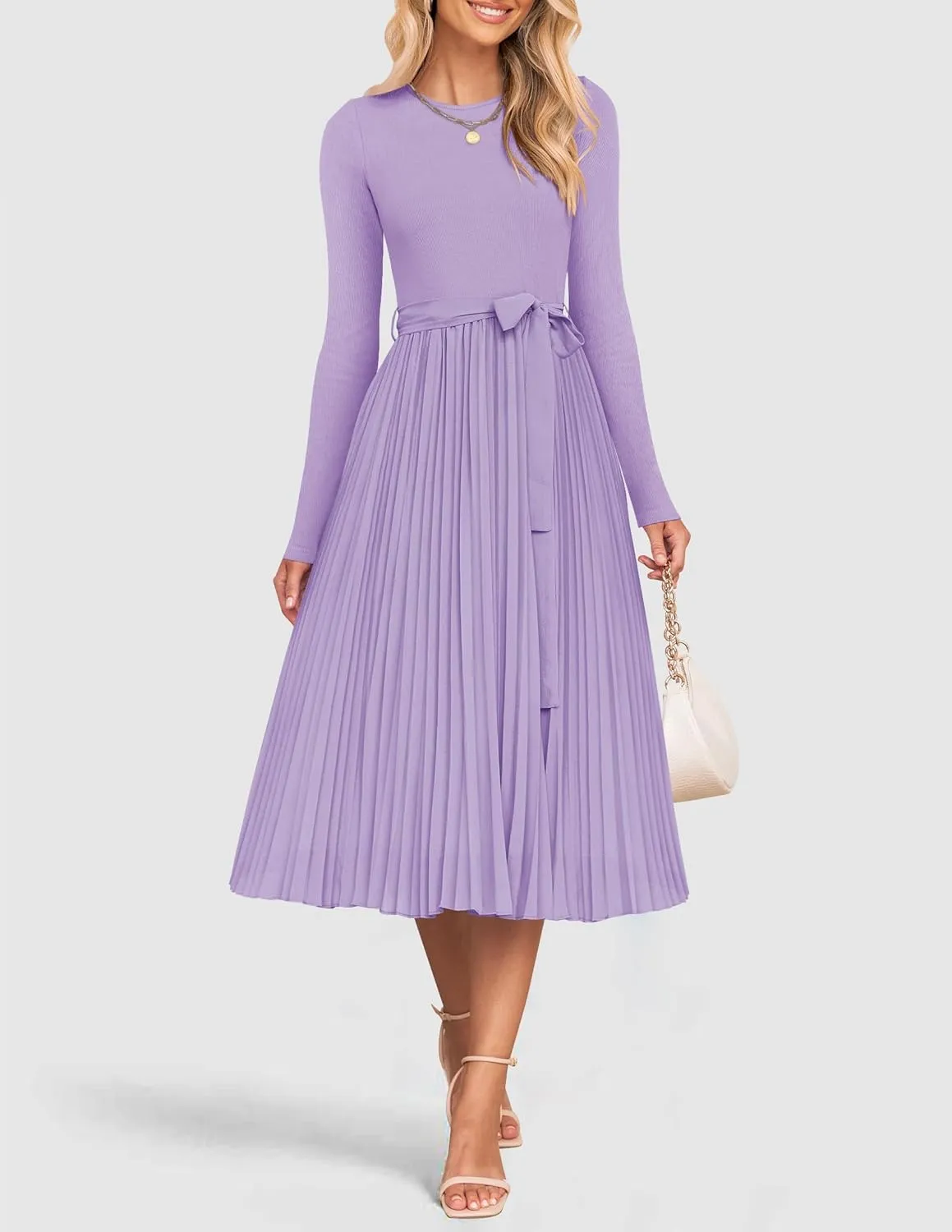 ZESICA Women's Fall Long Sleeve Midi Dress Casual Crewneck Knit Belted Pleated A Line Flowy Party Dresses